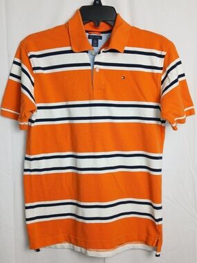 Tommy Hilfiger Orange White Black Striped Polo Shirt - Youth Boys - XL